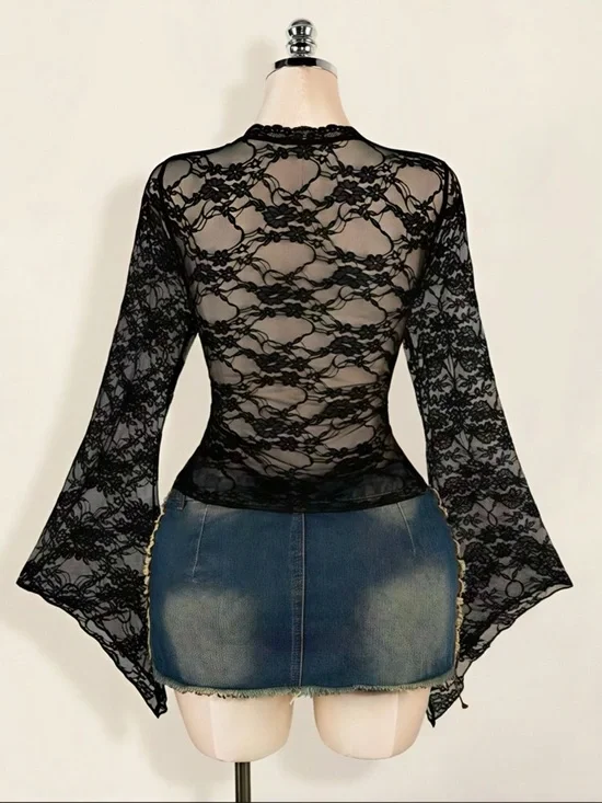 ✨🖤 Black Lace Long Bell Sleeve Tie Front Sheer Top - Picture 2 of 6